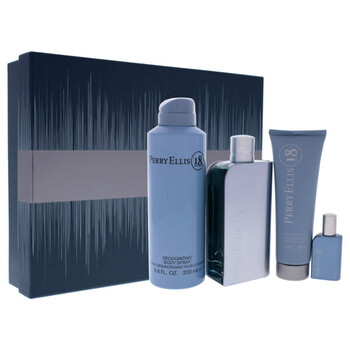 18 by Perry Ellis for Men  4 Pc Gift Set 3.4oz EDT Spray 7.5ml EDT Spray 6.8oz Body Spray 3oz Hair and Body Wash