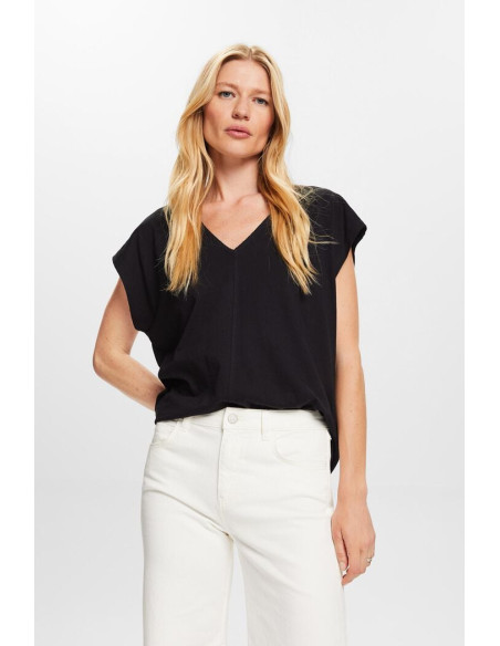 ESPRIT - V-neck T-shirt with decorative stitch, 100% cotton