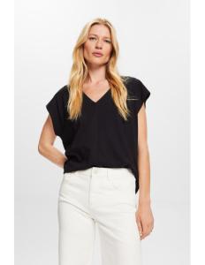ESPRIT - V-neck T-shirt with decorative stitch, 100% cotton