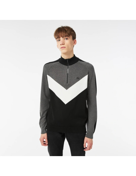 Lacoste - Lacoste Men&#039;s Regular Fit Stand-Up Collar Color Blocked Black Knitwear