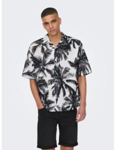 ONLY &amp; SONS - ONSTIE RLX CTN LINEN PALM SS SHIRT BLUE