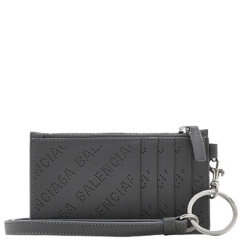 Dark Grey Perforated Logo Calfskin Cash Card Case On Keychain