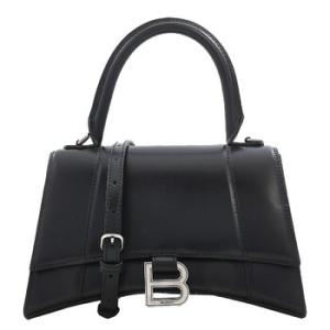 Black Leather Small Hourglass Box Top Handle Bag