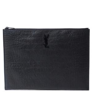 Black Monogram Document Holder In Crocodile Embossed Leather