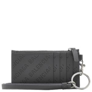 Dark Grey Perforated Logo Calfskin Cash Card Case On Keychain