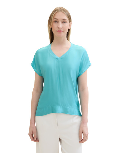 Tom Tailor - T-SHIRT V-NECK SATEEN FABMIX