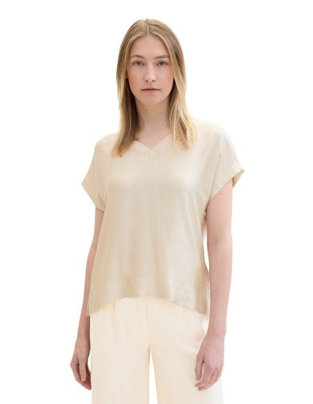 Tom Tailor - T-SHIRT V-NECK SATEEN FABMIX