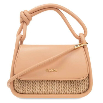 Tan Knot Flap Over Woven Raffia Top Handle Bag