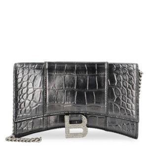 Metallized Black Croc Embossd Hourglass Wallet On Chain