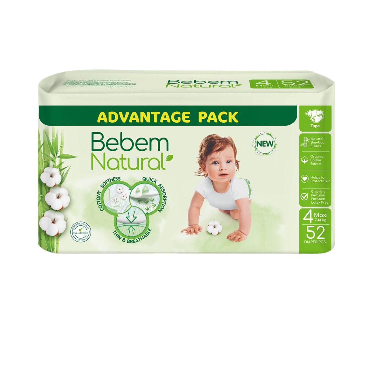 Bebem Natural - ბებემ ნეიჩერალს ბავშვის საფენები 7-14 კგ 52 ცალი 6307