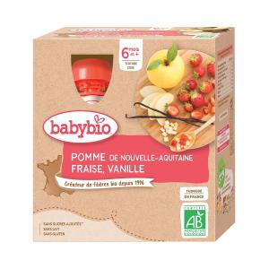 BabyBio - ბეიბი ბიო ხილფაფა მარწყვი ვაშლი და ვანილი 4 ცალი 0108