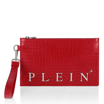 Crocodile Print Leather Logo Clutch In Red