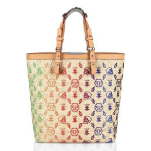 Monogram Embroidery Raffia Shopper Bag