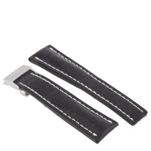 Black Watch band Strap with White Stitching and a Stainless Steel Foldover Buckle 2420m