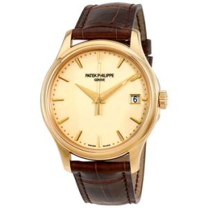 Calatrava Ivory Dial 18kt Yellow Gold Brown Leather Watch 5227J001