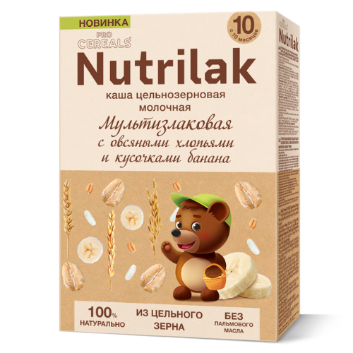 ნუტრილაკი პრემიუმი - ფაფა რძიანი. მულტიმარცვალი შვრიის ფანტელებით და ბანანით /10თვ+/