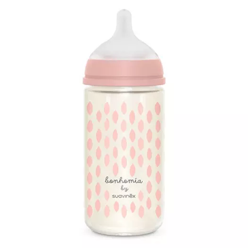 სუავინექსი - შუშის ბოთლი ბუმბული სილიკონის SX ფიზ. საწ. ვარდისფერი 240მლ/3თვ+/