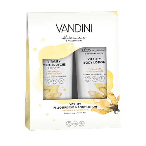 ვანდინი - VITALITY სასაჩუქრე ნაკრები შხაპის გელი/ტანის ლოსიონი ვანილის ყვავილი/მაკადამიის ზეთი