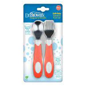 დოქტორ ბრაუნი - კოვზი და ჩანგალი ლითონის. რბილი სახელურით. მარჯნისფერი