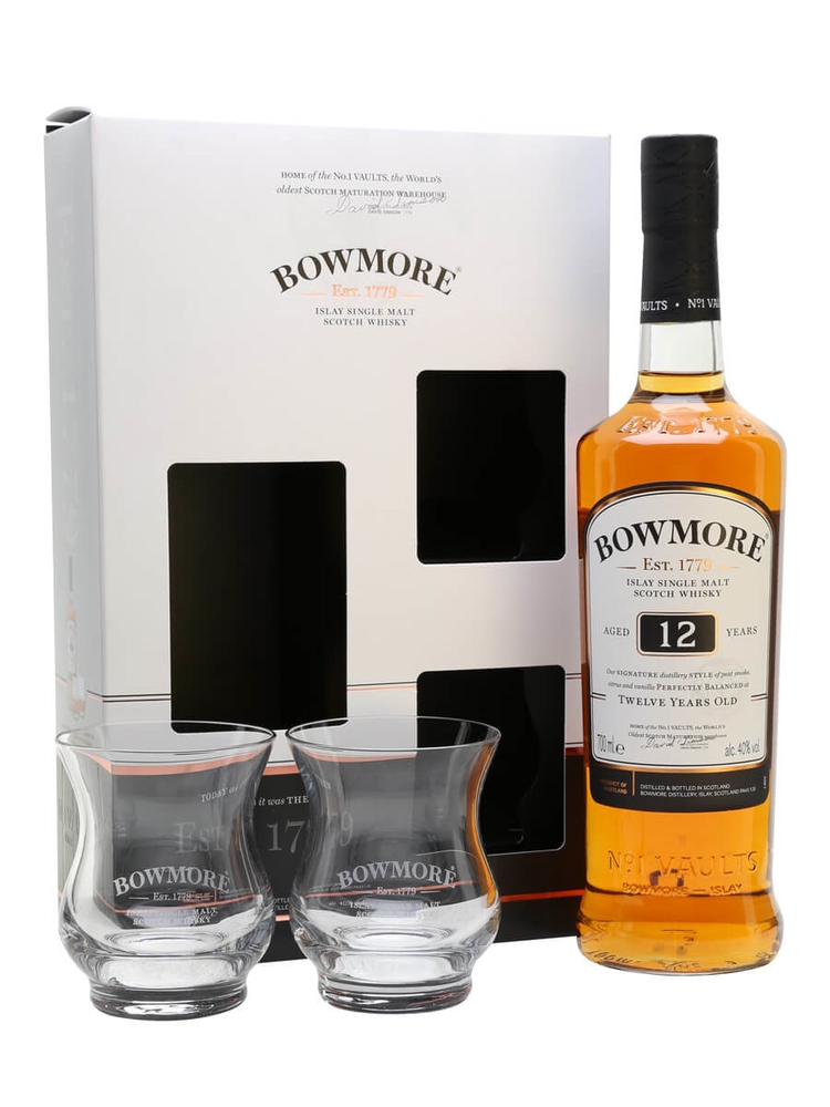 Bowmore, ერთალაოიანი სკოტჩი + 2 ჭიქა, 12-წლიანი, 700 მლ.