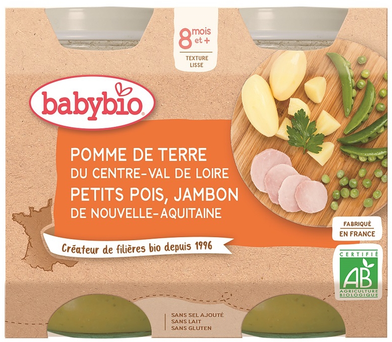 Babybio ლანჩ მენიუ პიურე ორთქლზე მოთუშული ბოსტნეულის პოტე ბეკონით