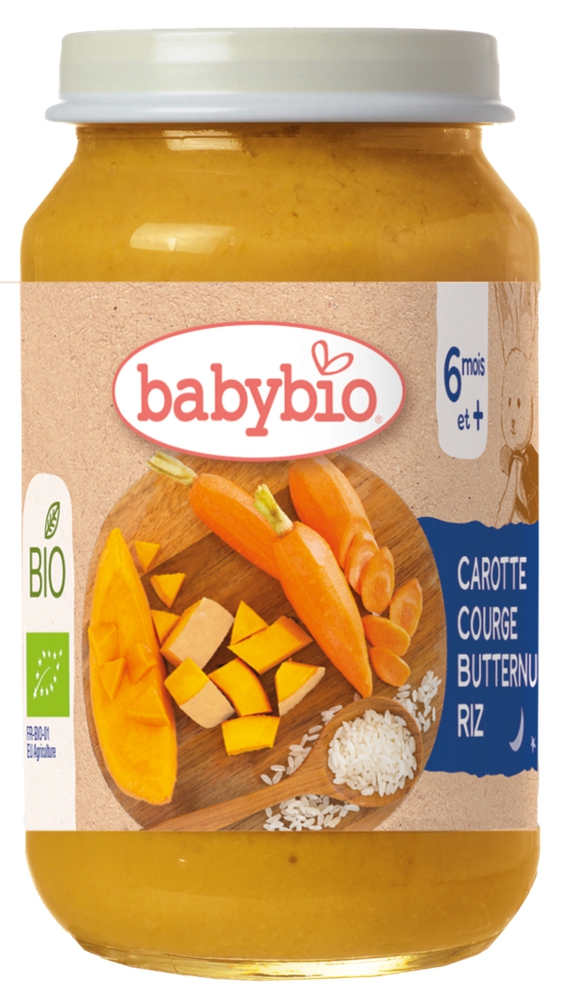 Babybio მენიუ "ძილინებისა" პიურე სტაფილო და გოგრა ბრინჯით 200 გ