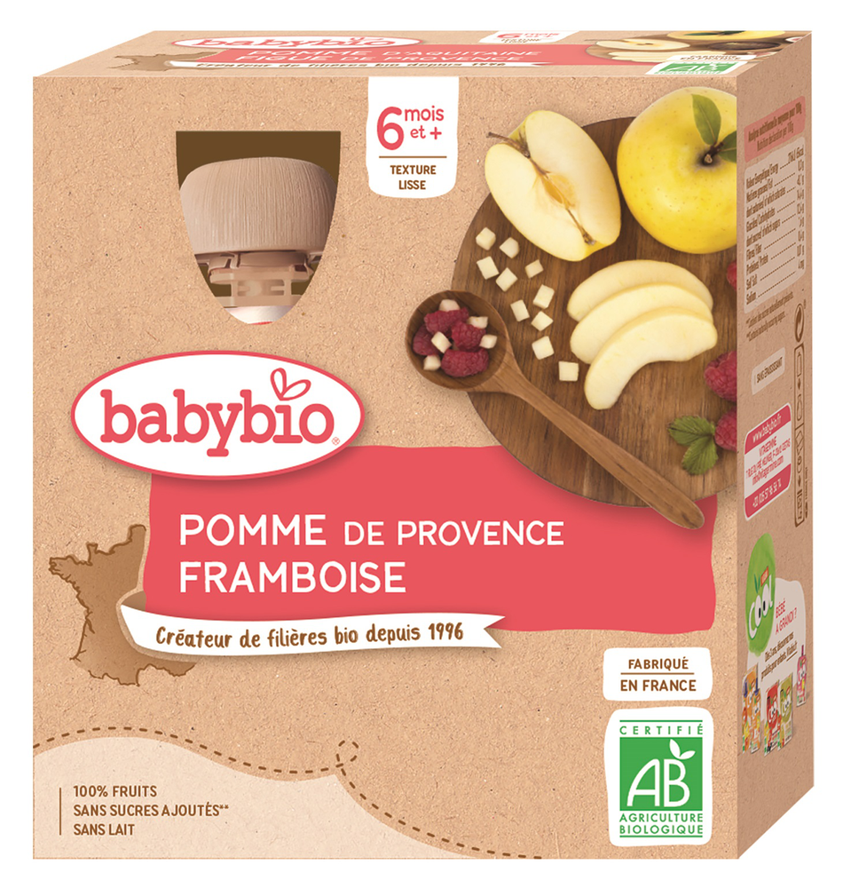 Babybio ხილფაფა ჟოლოთი და ვაშლით