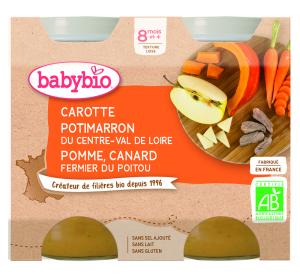 Babybio ლანჩ მენიუ პიურე იხვი ფრანგულად ვაშლით და გოგრით