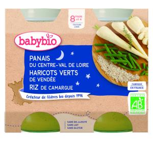 Babybio მენიუ "ძილინებისა" ბოსტნეულის პიურე ძირთეთრა და ფრანგული ლობიო ბრინჯით