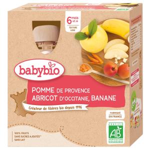 Babybio ხილფაფა გარგარი, ბანანი და ვაშლი