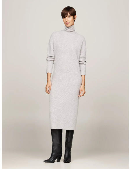 კაბა Tommy Hilfiger - WOOL CASH ROLL-NK LONG DRESS