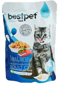 Bestpet, სველი საკვები ზრდასრული კატებისთვის, ტუნა და ანჩოუსით, 85 გრ
