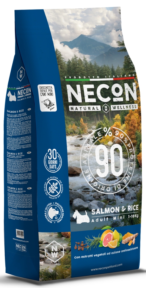 NECON Pet Food, მშრალი საკვები მინი ჯიშის ძაღლებისთვის ორაგულის ხორცით და ბრინჯით, 2 კგ