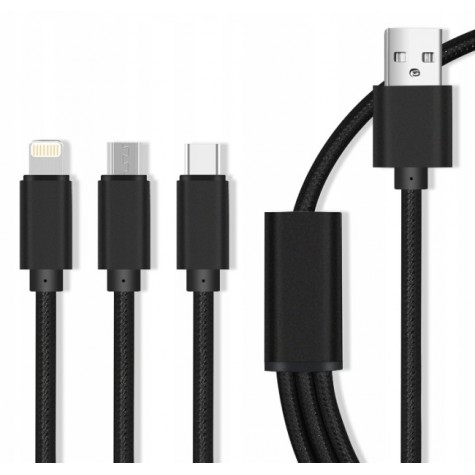 კაბელი Setty GSM043225 3-in-1 USB Type-A to microUSB Lightning USB Type-C 1m Cable Black