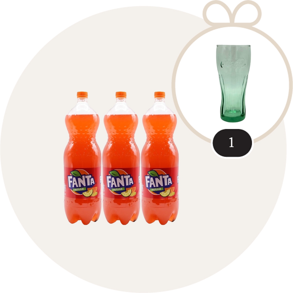 Fanta, გაზირებული სასმელი, ტროპიკი, 1.5 ლ, 3 ც + ჭიქა.