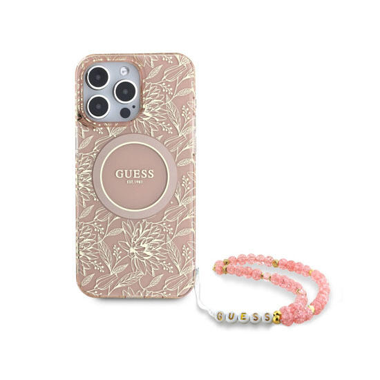 Guess Magsafe IML Case Pearl StrapElectroplated Flower iPhone 16 Pro Max GUHMP16XHCPOFPP Pink