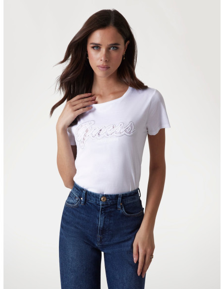 მაისურები GUESS - SS SCRIPT LACE LOGO EASY TEE