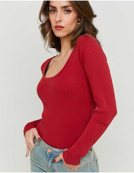 მაისურები Tally Weijl - Burgundy Ribbed Basic T-shirt