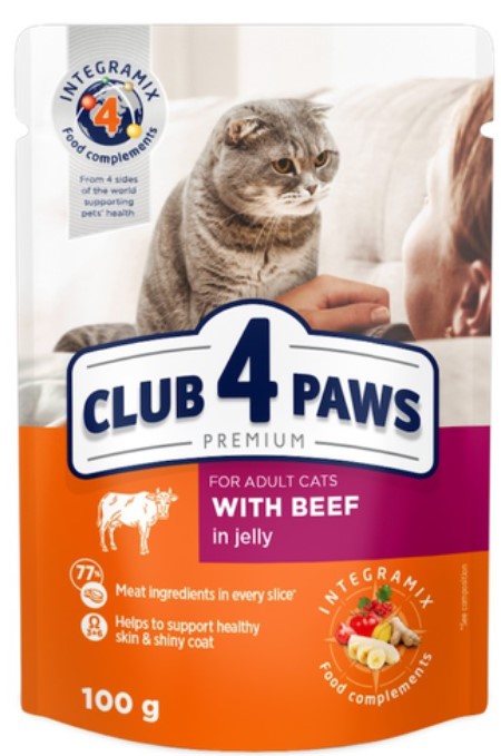 Club 4 Paws, 100 გრ. ზრდასრული კატის სველი საკვები, საქონლით