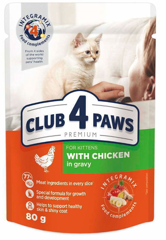 Club 4 Paws, 80 გრ. სველი საკვები კნუტებისთვის, ქათმით
