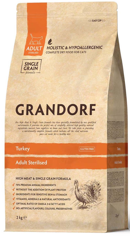 Grandorf, 2 კგ. მშრალი საკვები სტერილიზებული კატებისთვის, ინდაურით