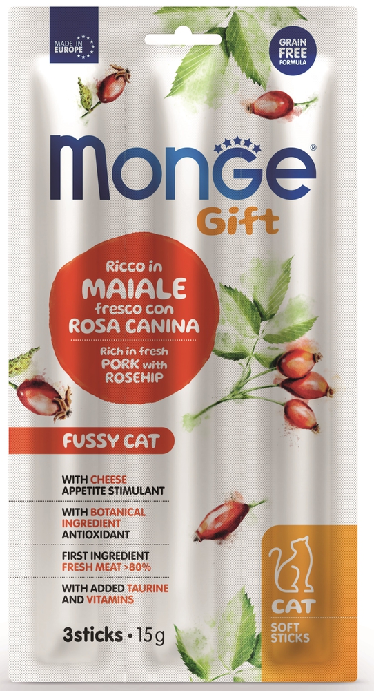 Monge, 15 გრ. კატის სასუსნაო რბილი ჩხირები, ღორის ხორცი ასკილითა და ყველით