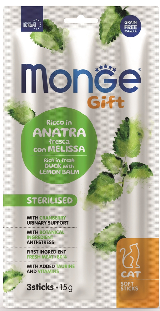 Monge, 15 გრ. სასუსნაო რბილი ჩხირები სტერილიზებული კატისთვის, იხვის ხორცით და ლიმონის ბალზამით