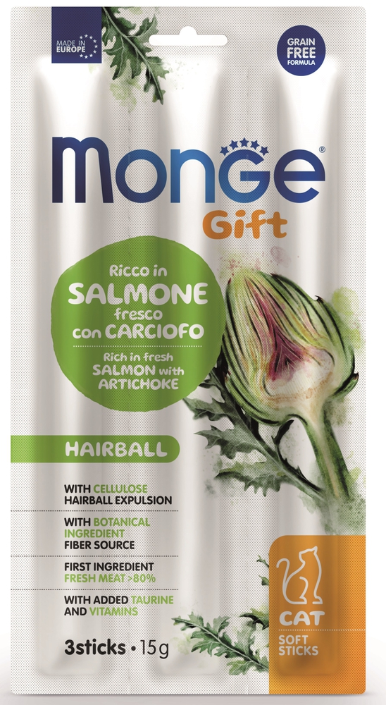 Monge, 15გრ. კატის სასუსნაო რბილი ჩხირები ნაყლაპი ბეწვის ფიზიოლოგიური გამოდევნისთვის, ორაგული არტიშოკით