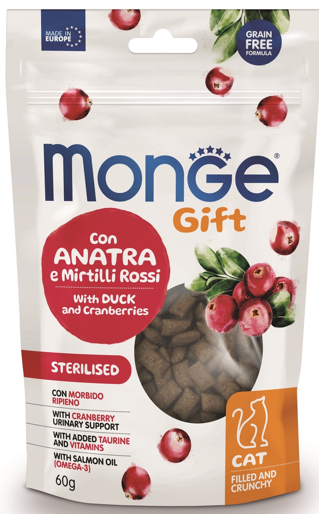 Monge, 60 გრ. საკვები დანამატი სტერილიზებული კატებისთვის, იხვი და მოცვი