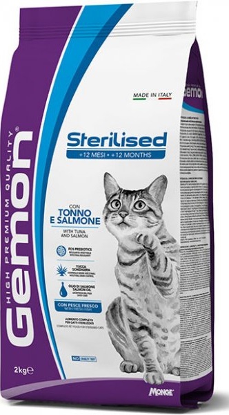 Monge Gemon,  7 კგ. მშრალი საკვები სტერილიზებული კატებისთვის, თინუსით და ორაგულით