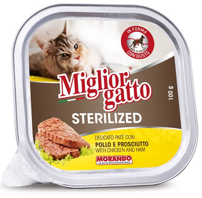 Morando, Sterilized,100 გრ. სველი საკვები სტერილიზებული კატებისთვის, ქათმის ხორცით და ლორით