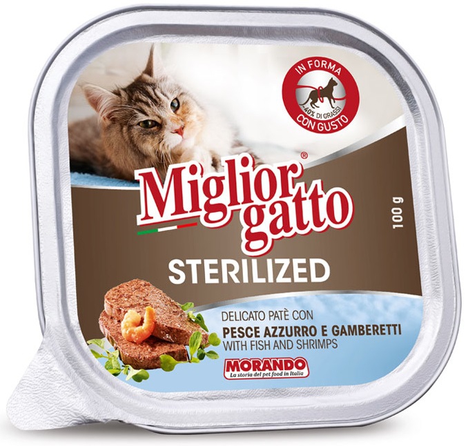 Morando, Sterilized ,100 გრ. სველი საკვები სტერილიზებული კატებისთვის, თევზით და კრევეტებით