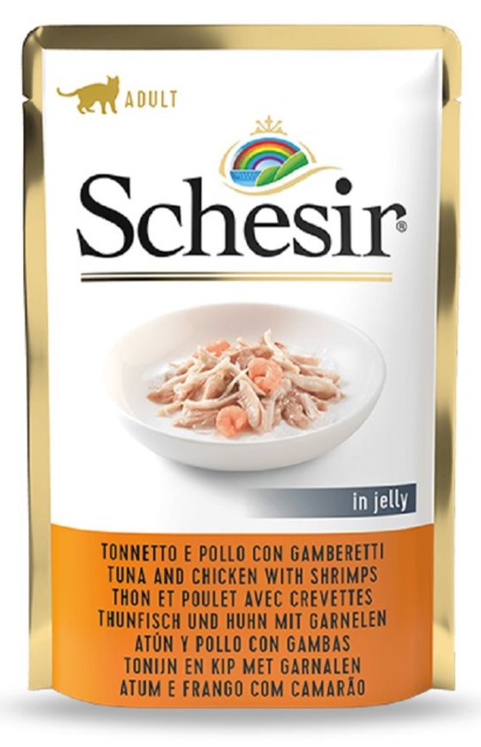 Schesir, 85 გრ. სველი საკვები ზრდასრული კატებისთვის, თინუსით, ქათმითა და კრევეტებით