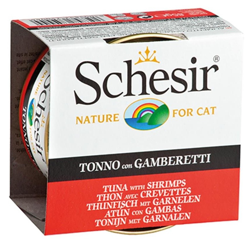 Schesir, 85 გრ. სველი საკვები ზრდასრული კატებისთვის, თინუსითა და კრევეტებით